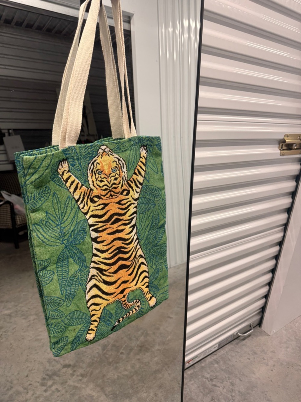 Green Tiger-Print Canvas Tote with Cream Straps